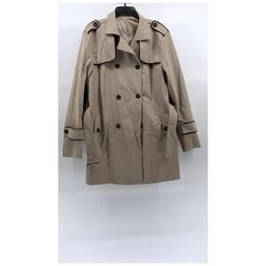 UNBRANDED Women's Khaki-Black Double-Breasted Notch Collar Belted Coat SZ M